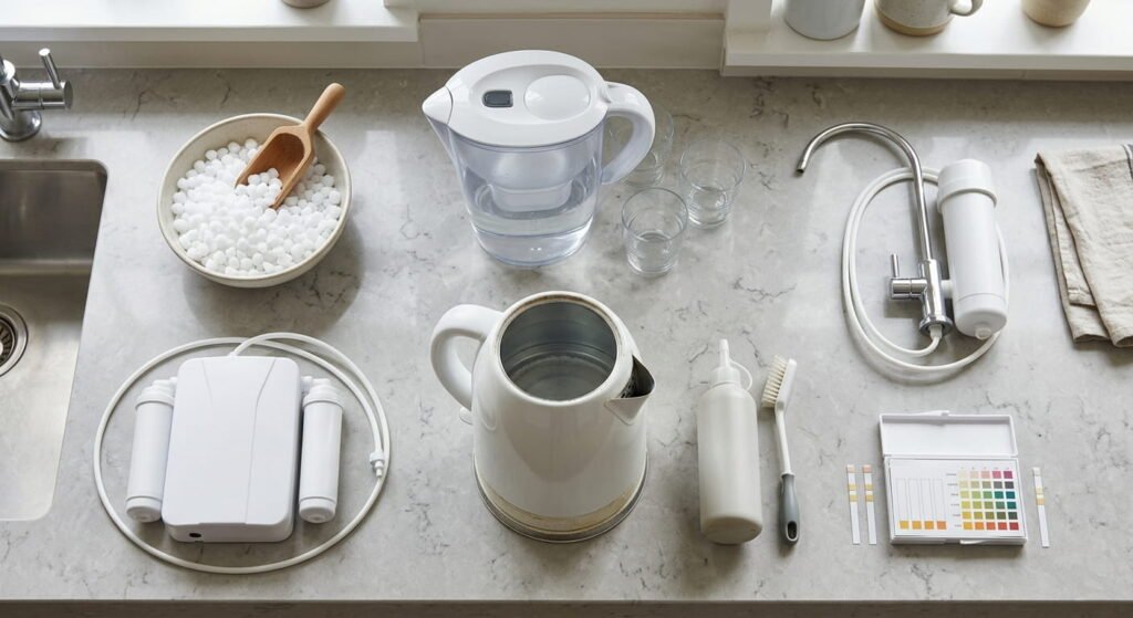 Kettle, filter jug, descaler and softener salt representing different hard water solutions