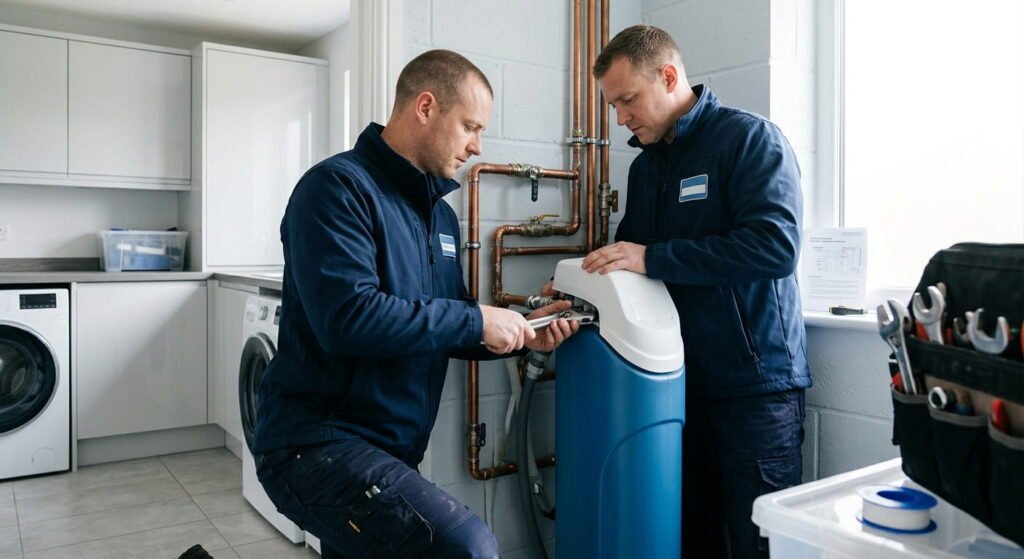 Plumber installing a domestic water softener in a UK home
