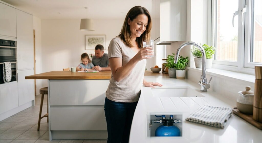 Family in a clean kitchen with sparkling taps