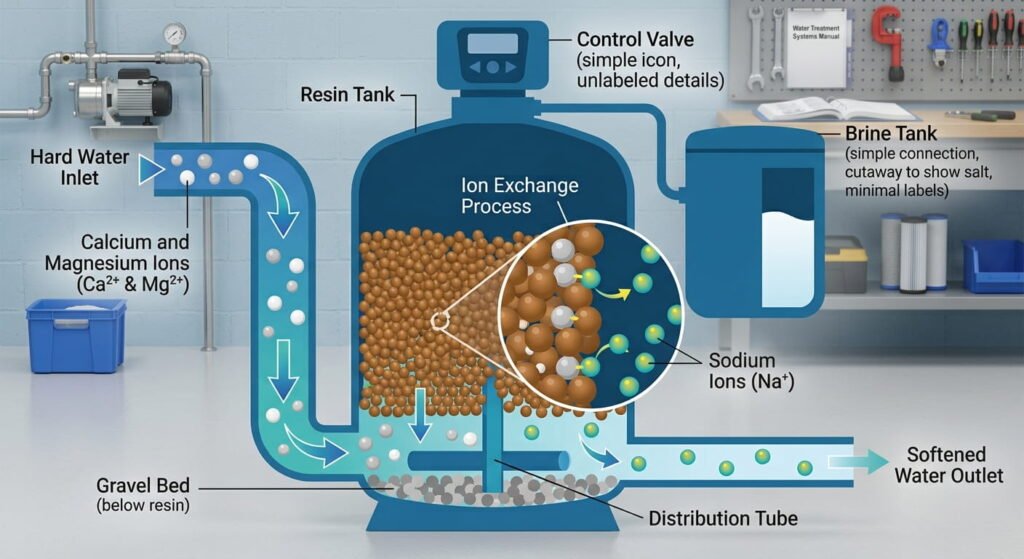 Diagram showing how an ion-exchange water softener removes calcium and magnesium ions